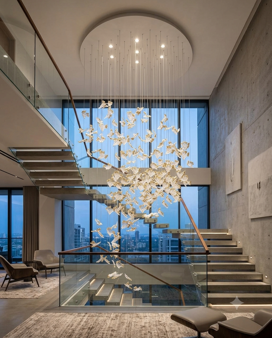 Modern Custom Glass Leaf Staircase Chandelier – 3M Luxury LED Hanging Light for Double-Height Ceilings (80cm Round Ceiling Plate)