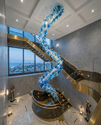Contemporary 5M Blue & Clear Glass Snake Chandelier | Custom High-Ceiling Staircase Lighting