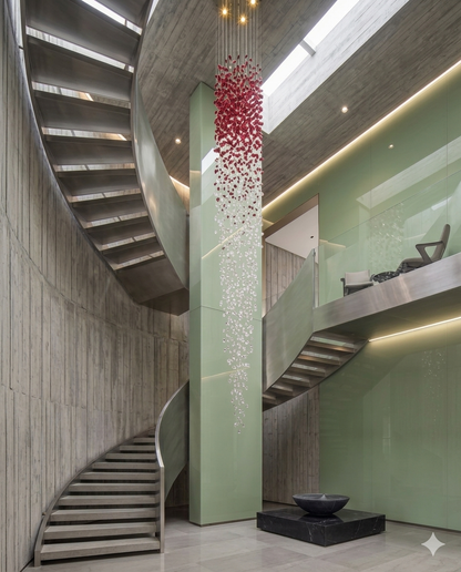 The Crimson Cascade – 5M Double-Height Ruby & Clear Crystal Statement Chandelier (80cm Width)