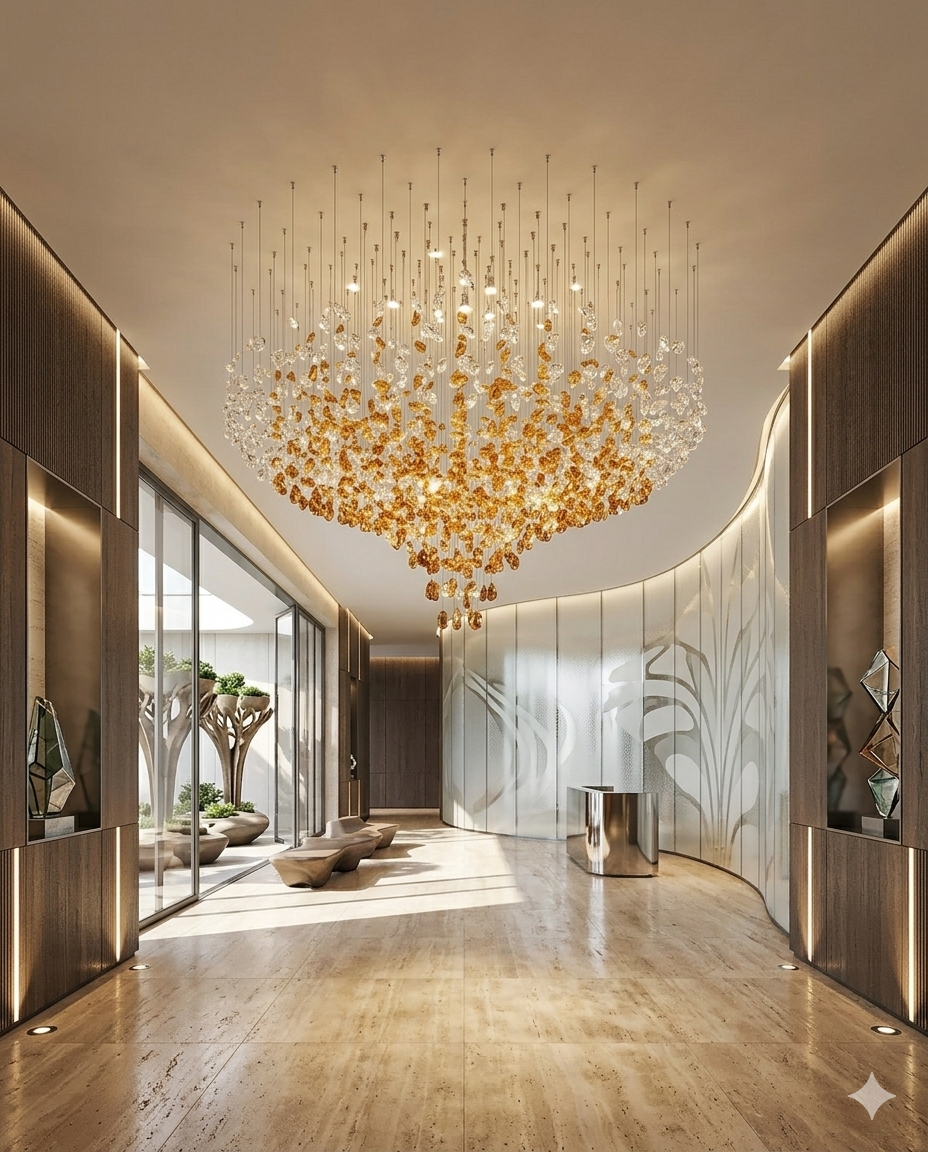 The Amber Cascade – Custom Floating Crystal & Stone Chandelier (150cm)