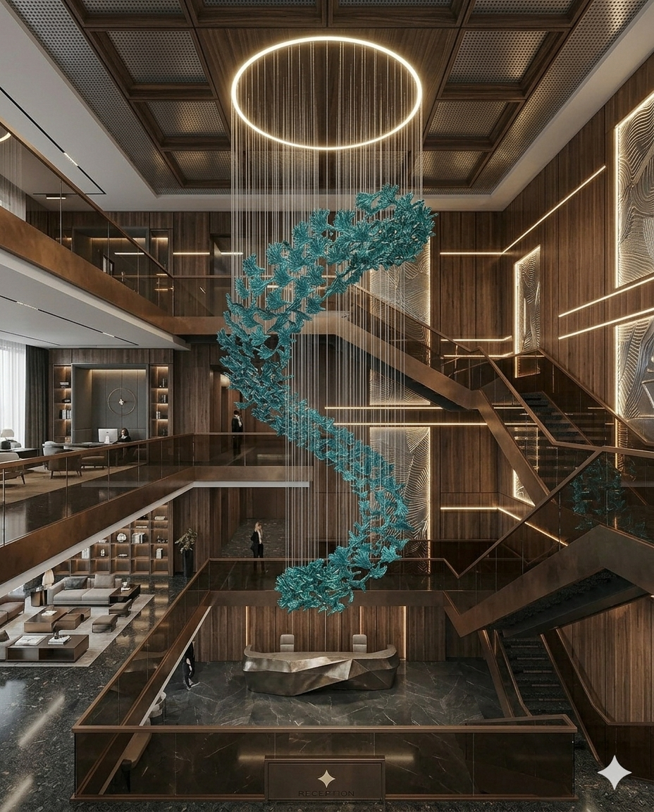 Custom 5M Teal Blue Hand-Blown Glass Leaf Spiral Chandelier with 1M Circular Ceiling Mount