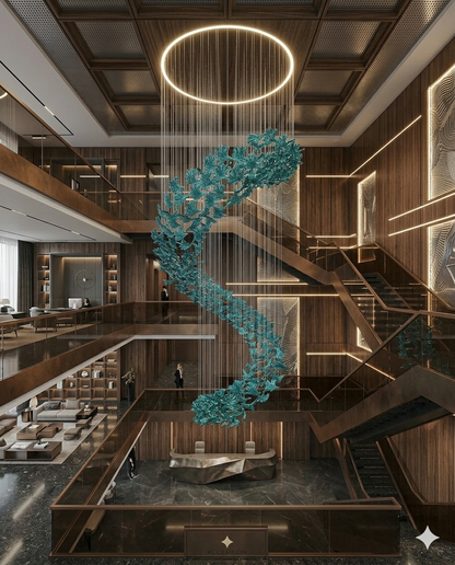 Custom 5M Teal Blue Hand-Blown Glass Leaf Spiral Chandelier with 1M Circular Ceiling Mount