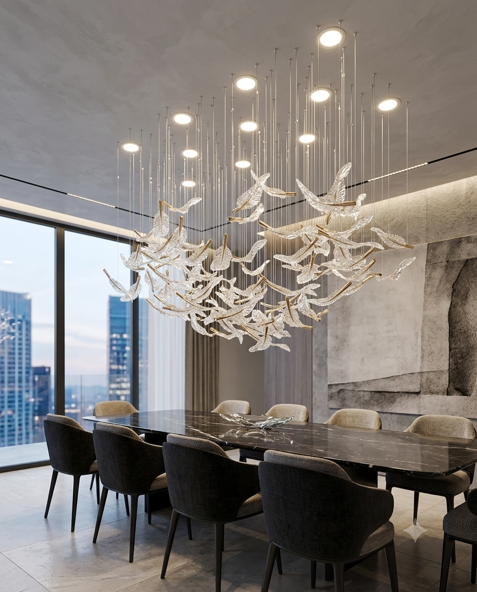 The Elysian Floating Leaf Chandelier | Modern Custom Boat-Shape Crystal Glass Chandelier, Large 1.5m Gold & Clear Art Glass Pendant Light