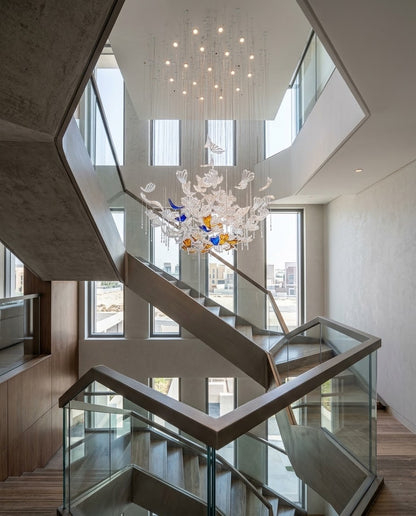Custom Falling Leaf Glass Chandelier | Blue, Amber & Clear Drooping Leaves (120cm)