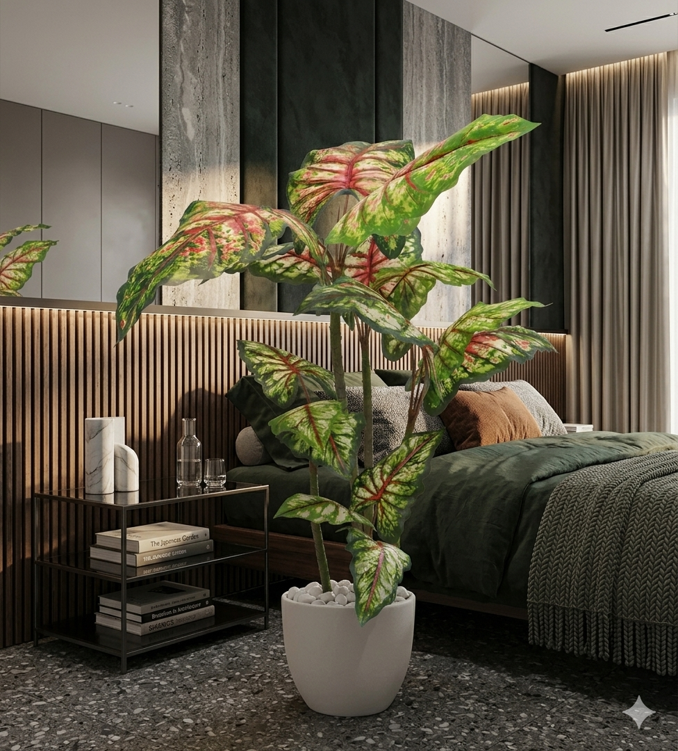 Artificial Caladium Tree in White Ceramic-Style Pot with River Stones
