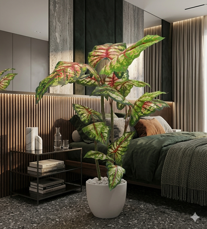 Artificial Caladium Tree in White Ceramic-Style Pot with River Stones