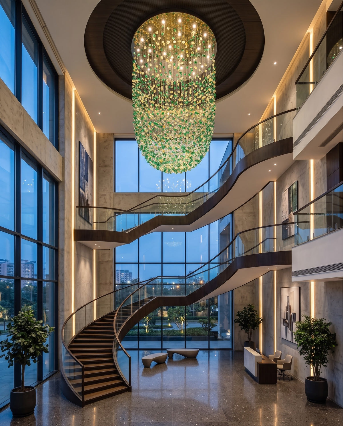 Contemporary Green & White Round U-Shaped Cascading Chandelier (100cm Canopy x 250cm Height)