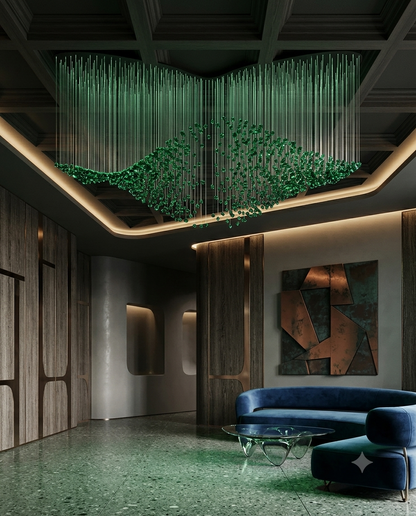 Customizable Rectangular DNA Helix Green Stone Pendant Chandelier for High-Ceiling Spaces⁠