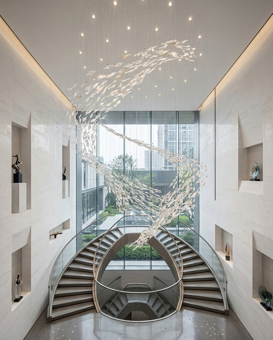 Luxury 5M Two-Layer Clear Glass Swarm Chandelier for Staircase Atrium