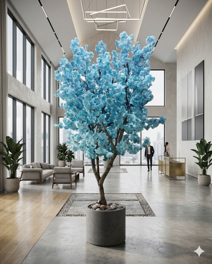 Captivating Blue Artificial Blossom Tree in Wood & Ceramic Pot