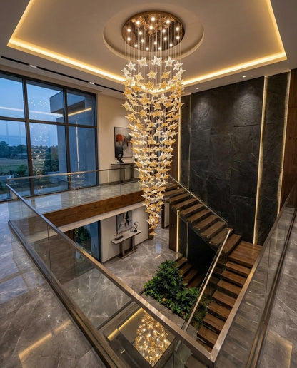 5M Custom Maple Leaf Staircase Chandelier - Amber & Clear Glass