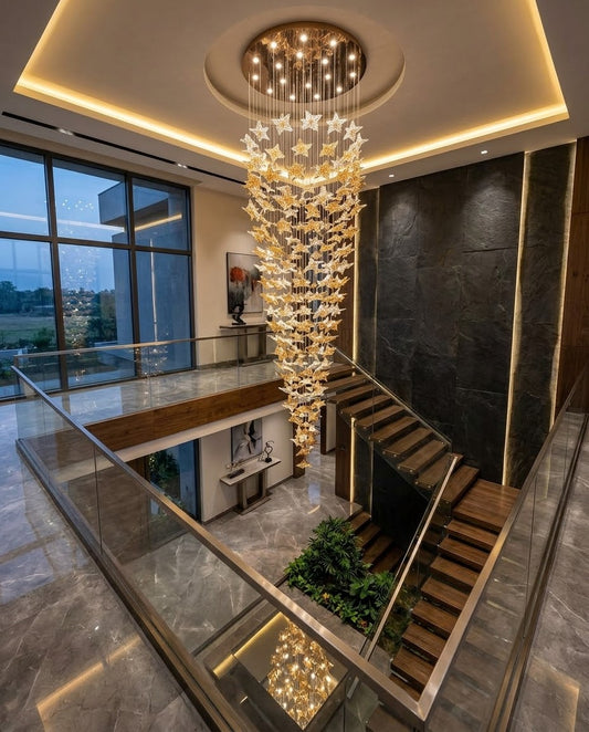 5M Custom Maple Leaf Staircase Chandelier - Amber & Clear Glass