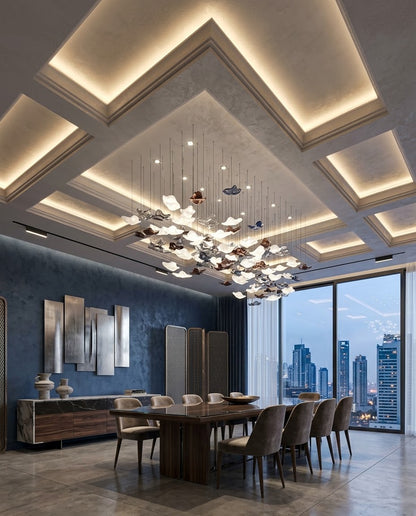 2m Modern Leaf Chandelier – Gold, White, Gray Glass Pendant