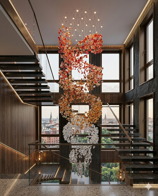 Custom 5M Spiral Ring Staircase Chandelier – Red, Orange & White Crystal Stone Luxury Pendant Light for High Ceilings