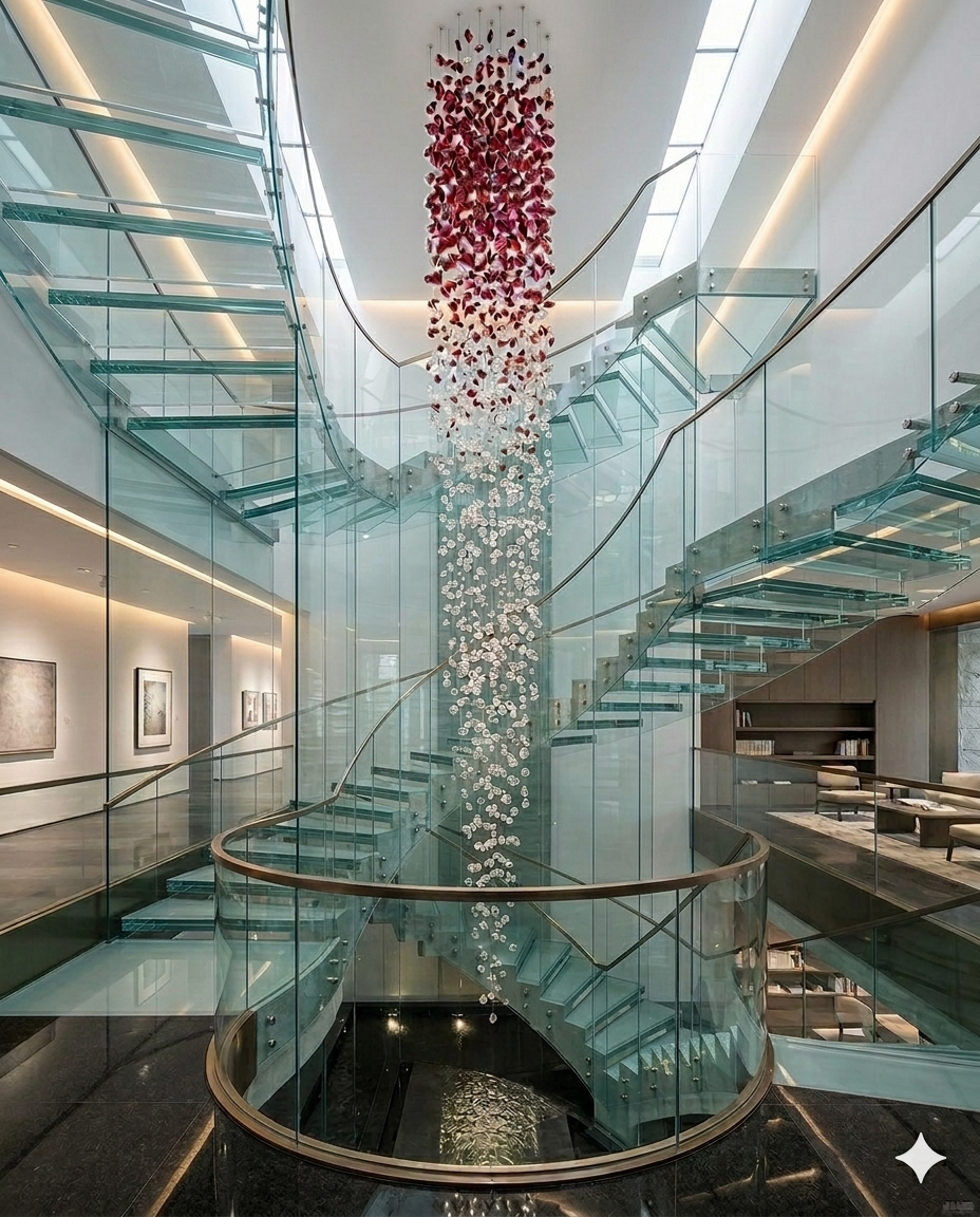 The Crimson Cascade – 5M Double-Height Ruby & Clear Crystal Statement Chandelier (80cm Width)