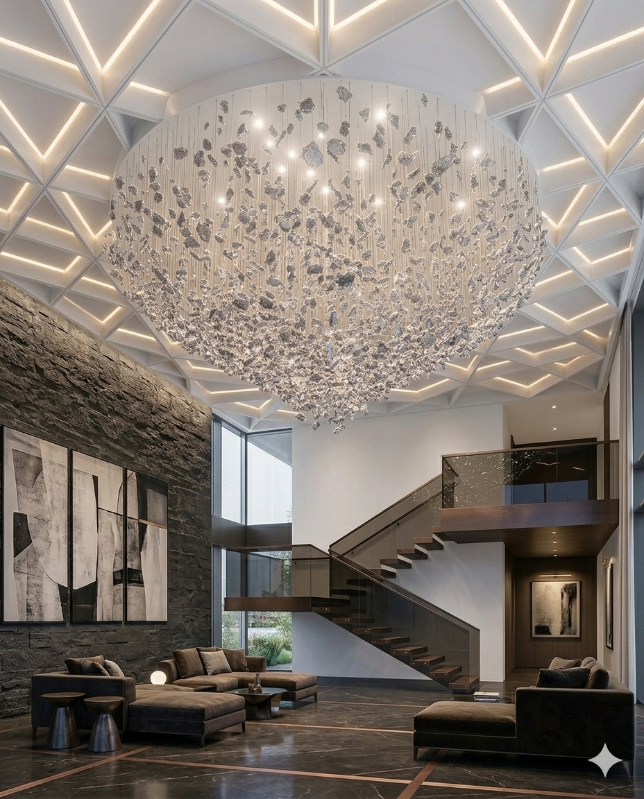 Modern Luxury Round Stone Chandelier – Elegant Silver Finish (1.2m x 80cm)