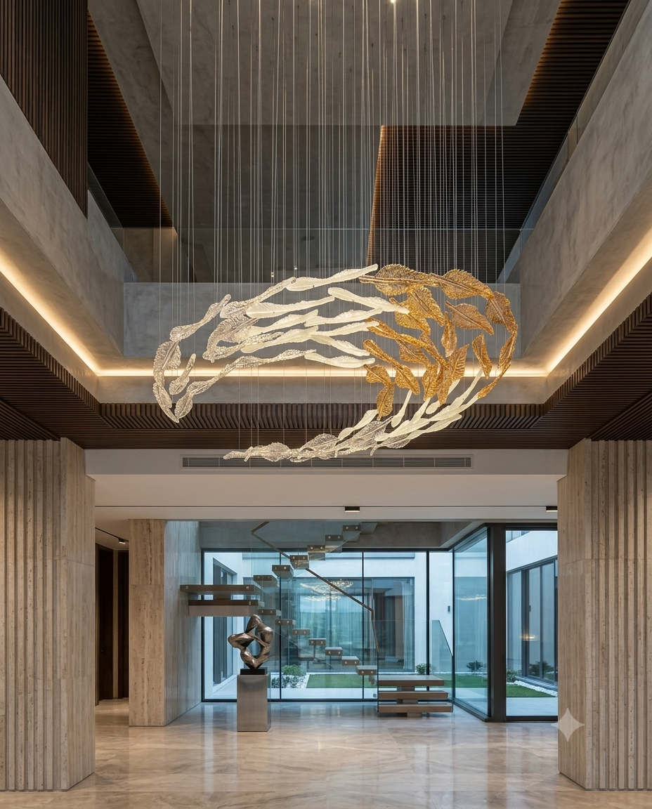 Custom 2-Meter Glass Leaf Chandelier | Modern C-Shape Tapered Luxury Lighting for Grand Halls
