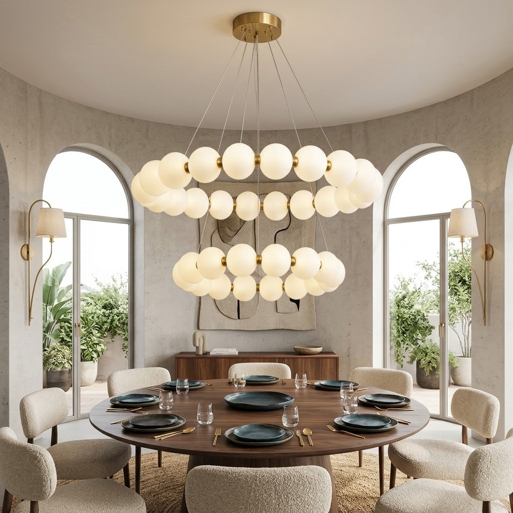 Modern Dual Ring LED Globe Chandelier – 80cm/60cm Height-Adjustable Pendant Lighting with Remot