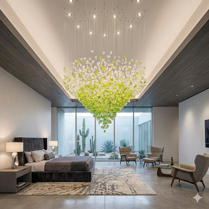 Custom Contemporary Round Chandelier (1.2m x 1.5m) - Soft Green & White Statement Light