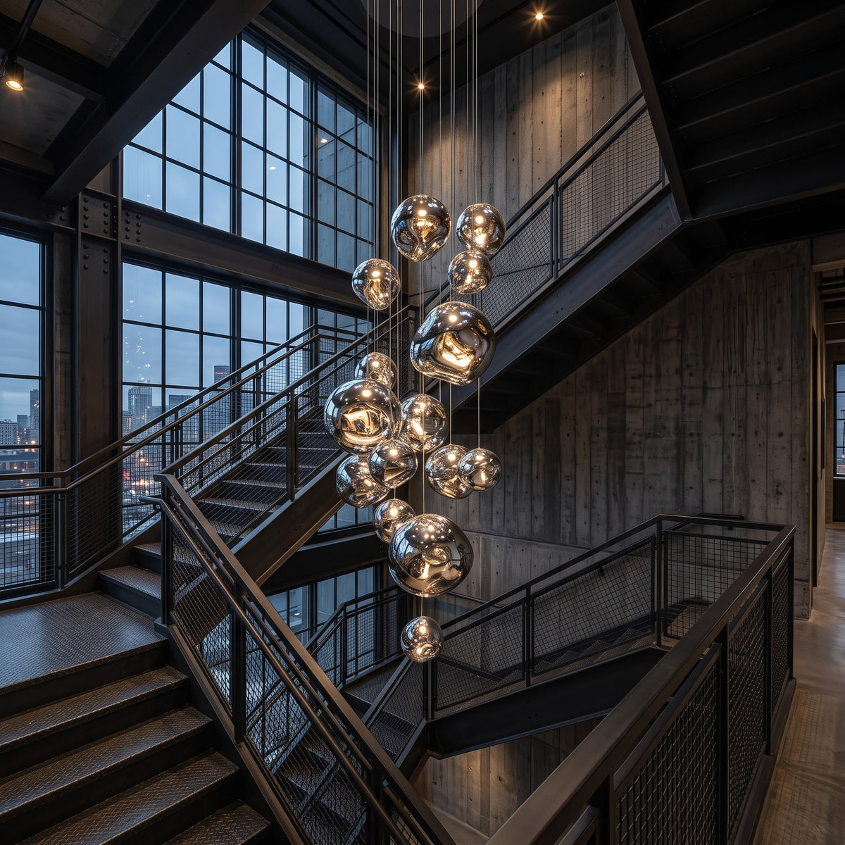 Melt-Style Silver Chrome Cascade Chandelier: Modern Multi-Light Pendant for Grand Staircases 3M Long