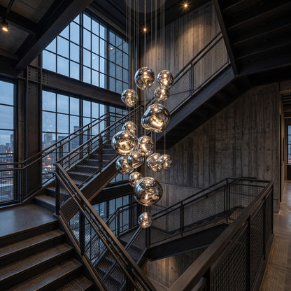 Melt-Style Silver Chrome Cascade Chandelier: Modern Multi-Light Pendant for Grand Staircases 3M Long