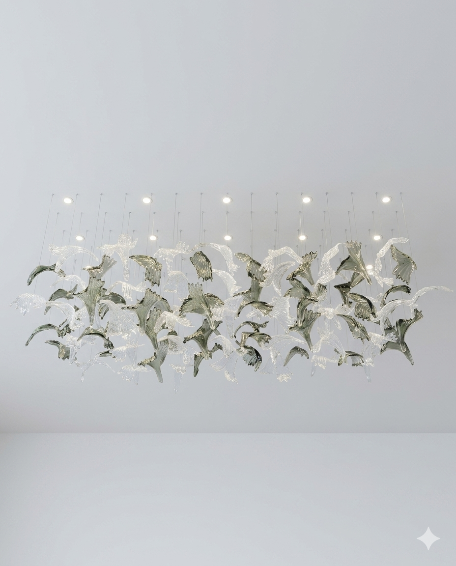 Custom Floating Glass Leaf & Bird Chandelier – 100cm x 40cm