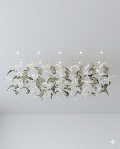 Custom Floating Glass Leaf & Bird Chandelier – 100cm x 40cm