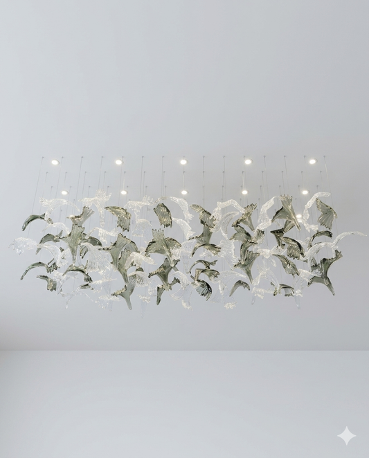 Custom Floating Glass Leaf & Bird Chandelier – 100cm x 40cm