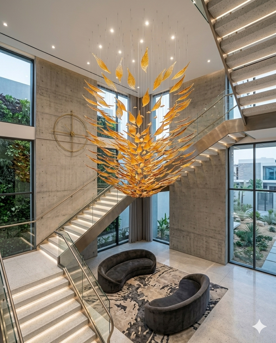 Custom 3M Modern Orange Glass Chandelier – Luxury Staircase Art Installation