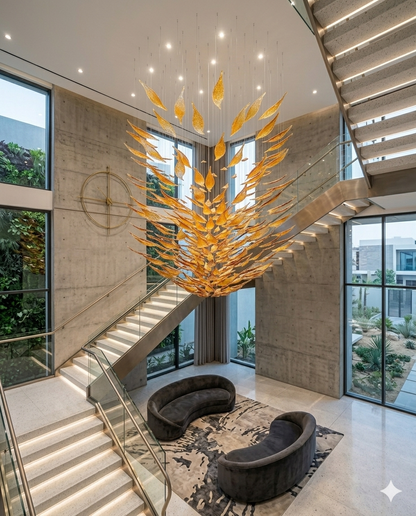 Custom 3M Modern Orange Glass Chandelier – Luxury Staircase Art Installation