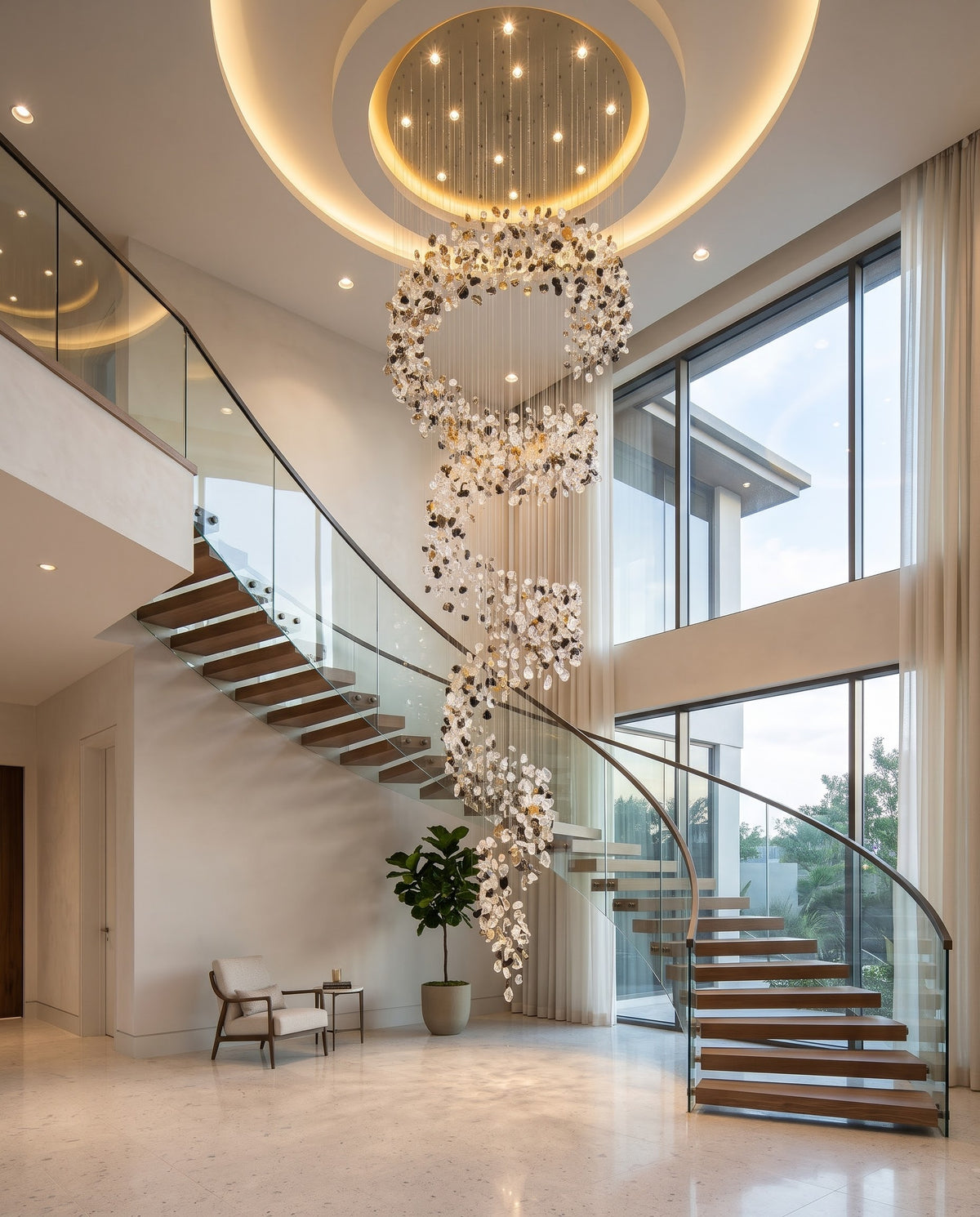 Custom Spiral Crystal Chandelier – 3M Modern Mixed Black & Clear Drop Light for Staircases & Double-Height Foyers