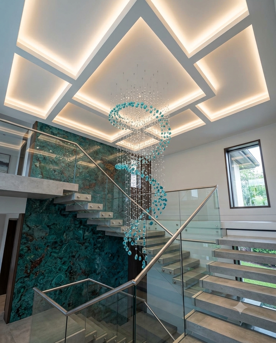 3m Waterfall Spiral Crystal Chandelier – Teal Blue Gemstone Stairwell Pendant Ligh