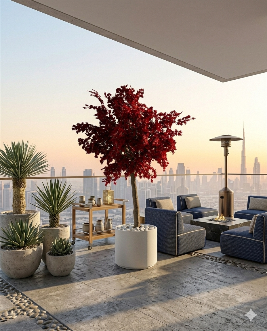 Artificial Red Tree in Minimalist White Ceramic Vessel