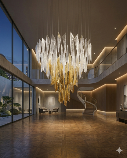 Modern 1M Round Ice Shard Glass Chandelier - Luxury Orange & Clear Custom Chandelier