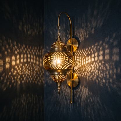 Vintage Moroccan Gold Stainless Steel Wall Light – Perforated Shadow Lantern Sconce