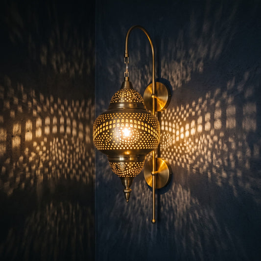 Vintage Moroccan Gold Stainless Steel Wall Light – Perforated Shadow Lantern Sconce