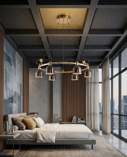 Contemporary Black & Gold Round Chandelier – 8-Light Adjustable LED Pendant for Living Room⁠