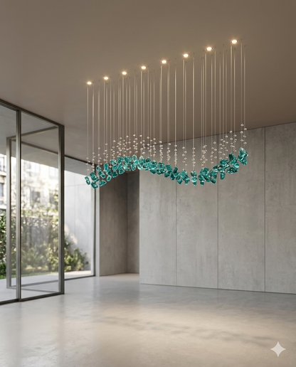 "Aqua-Wave" Custom LED Suspension Chandelier – Linear Teal Nugget and Crystal Strand Design (1.2m L x 30cm W)