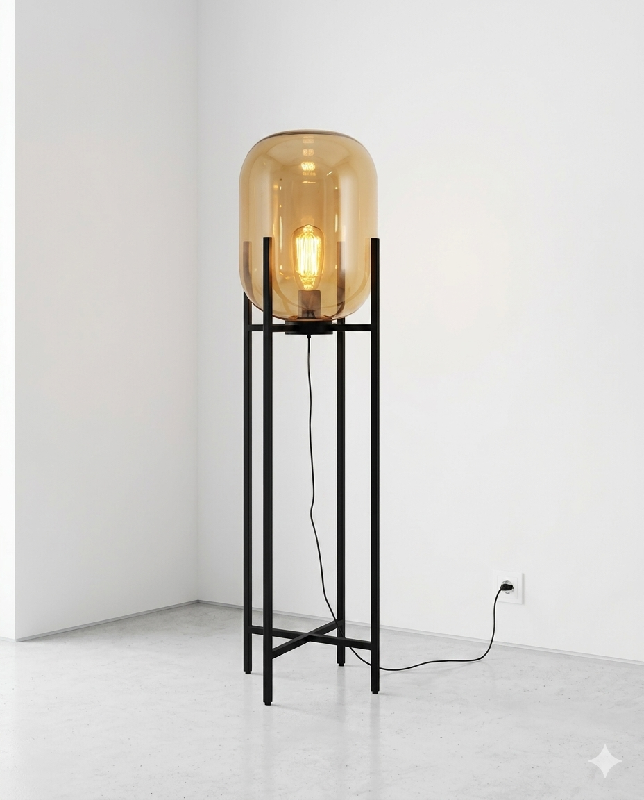 Amber Glass Capsule Shade & Matte Black Steel Cross-Base (E27 Matte Black Finish)