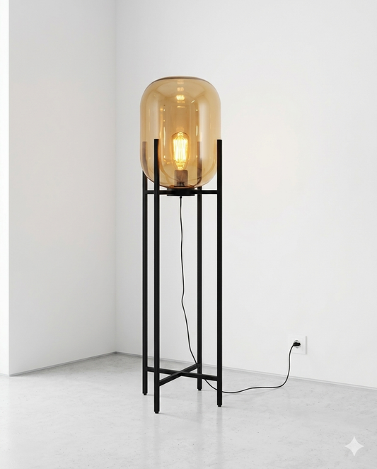 Amber Glass Capsule Shade & Matte Black Steel Cross-Base (E27 Matte Black Finish)