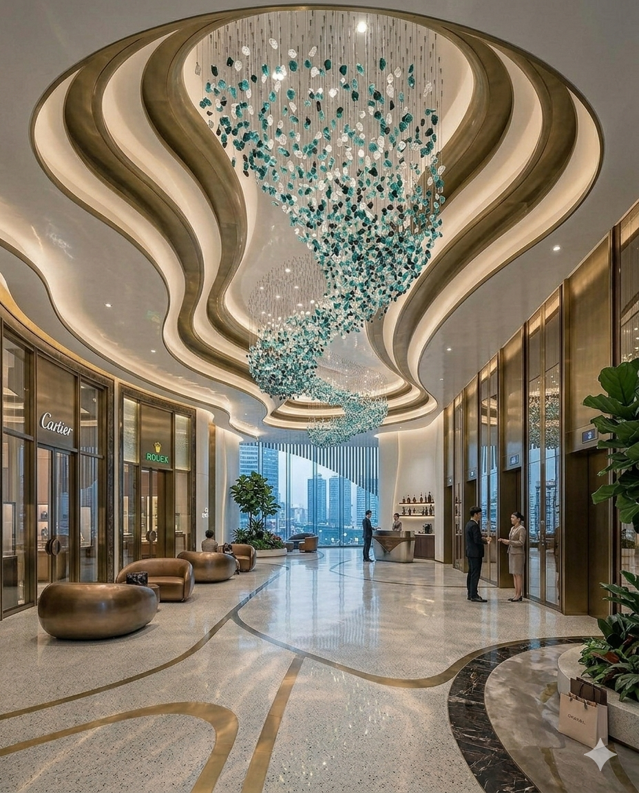 10m Custom S-Shape Stone Wave Chandelier | Teal & White Luxury Lighting