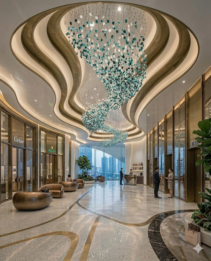 10m Custom S-Shape Stone Wave Chandelier | Teal & White Luxury Lighting