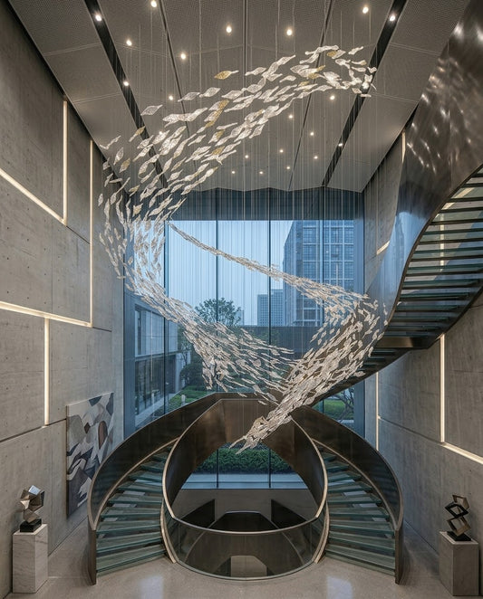 Luxury 5M Two-Layer Clear Glass Swarm Chandelier for Staircase Atrium