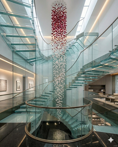 The Crimson Cascade – 5M Double-Height Ruby & Clear Crystal Statement Chandelier (80cm Width)