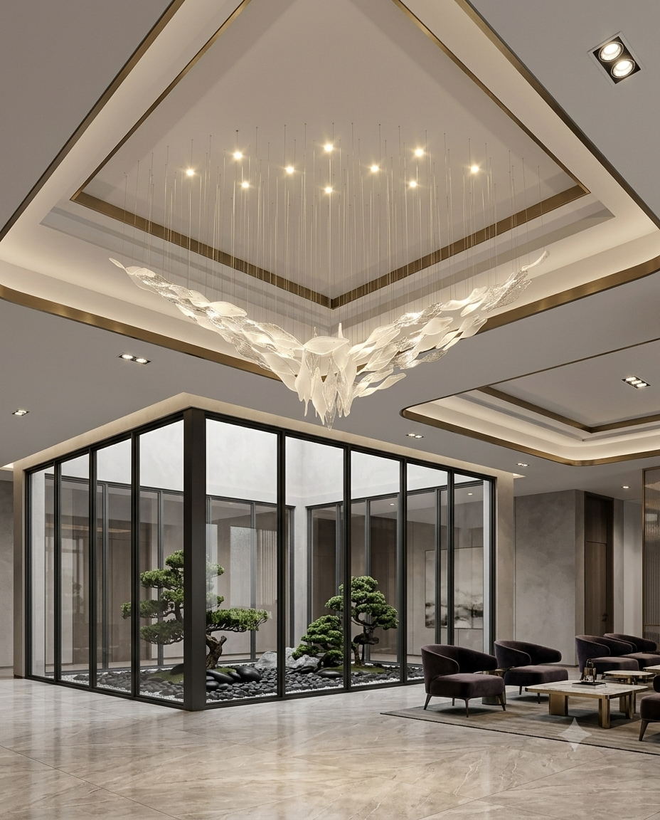 Custom V-Shape Glass Leaf Chandelier - 2M Modern Floating Light