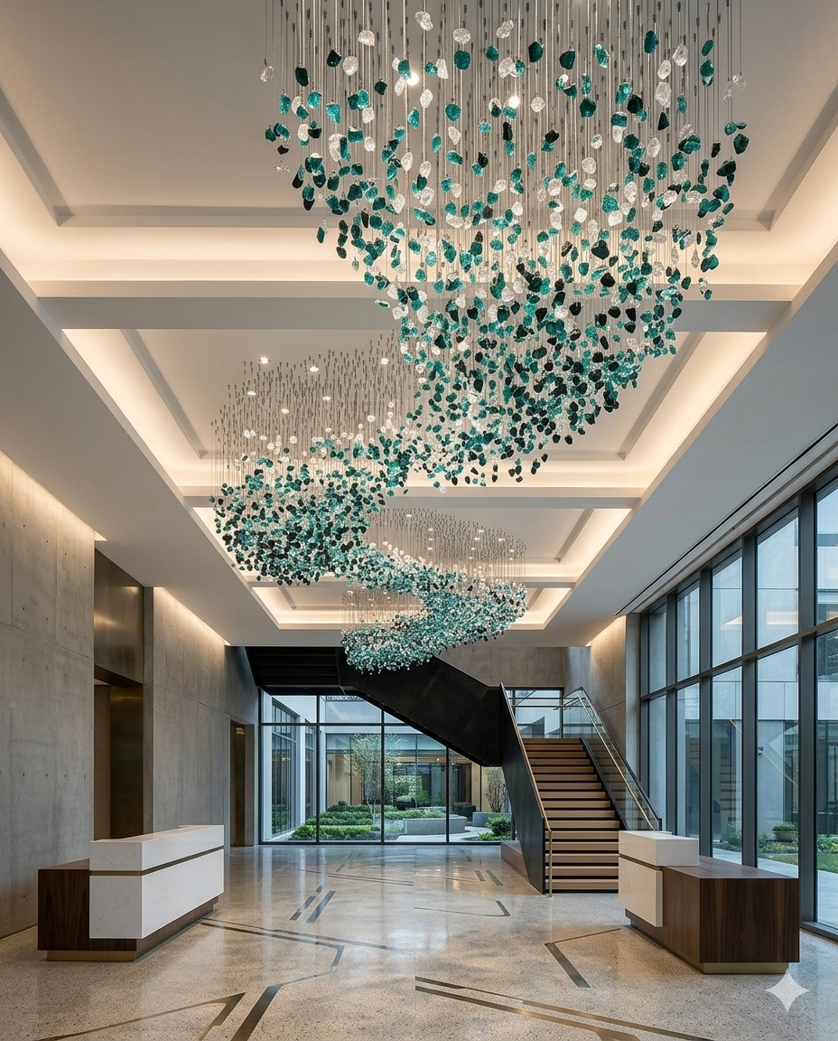 10m Custom S-Shape Stone Wave Chandelier | Teal & White Luxury Lighting
