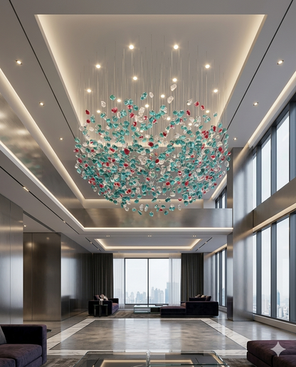 Custom 1M Round Stone Chandelier Teal Blue, Red & White