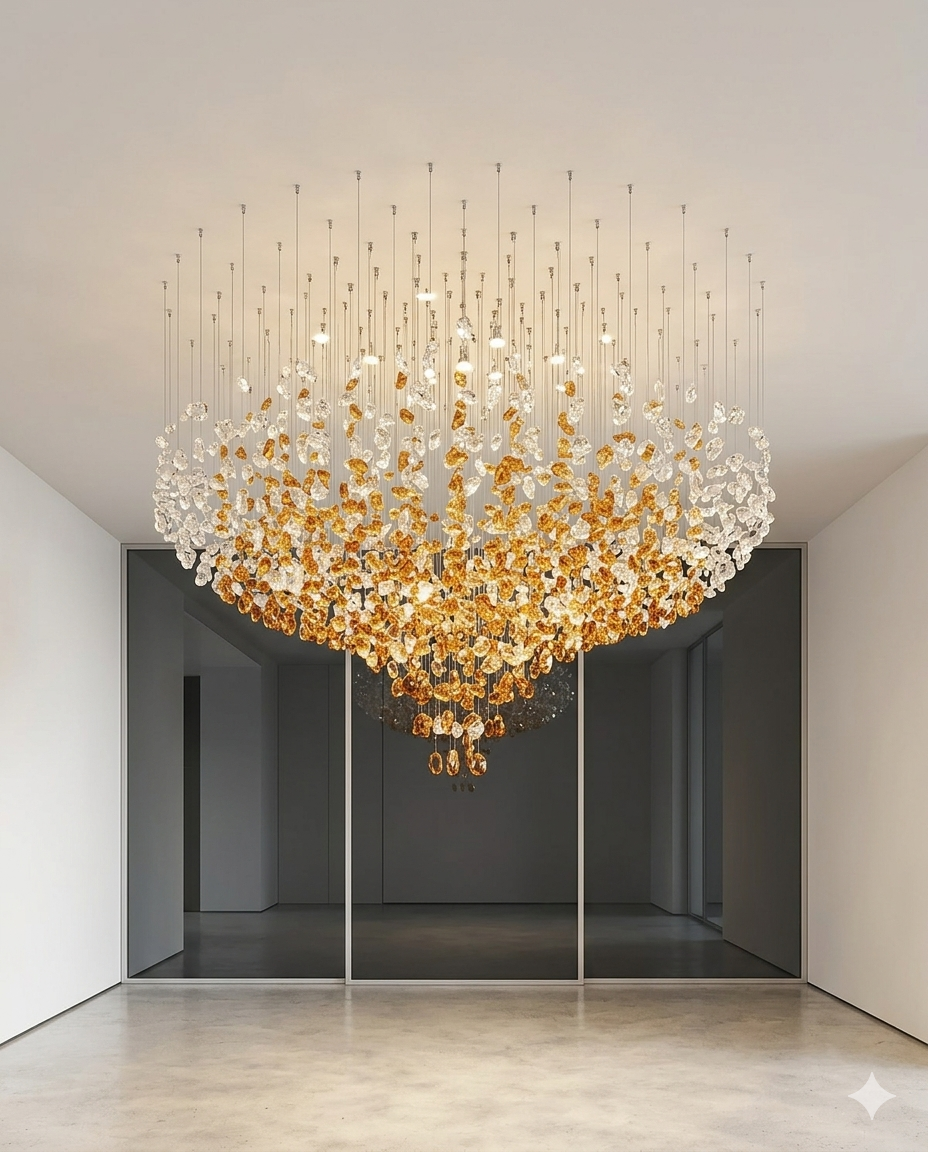The Amber Cascade – Custom Floating Crystal & Stone Chandelier (150cm)