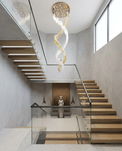 Celestial Foliage Cascade: Custom 3M Amber & Frosted Leaf Glass Spiral Chandelier