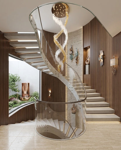 Celestial Foliage Cascade: Custom 3M Amber & Frosted Leaf Glass Spiral Chandelier